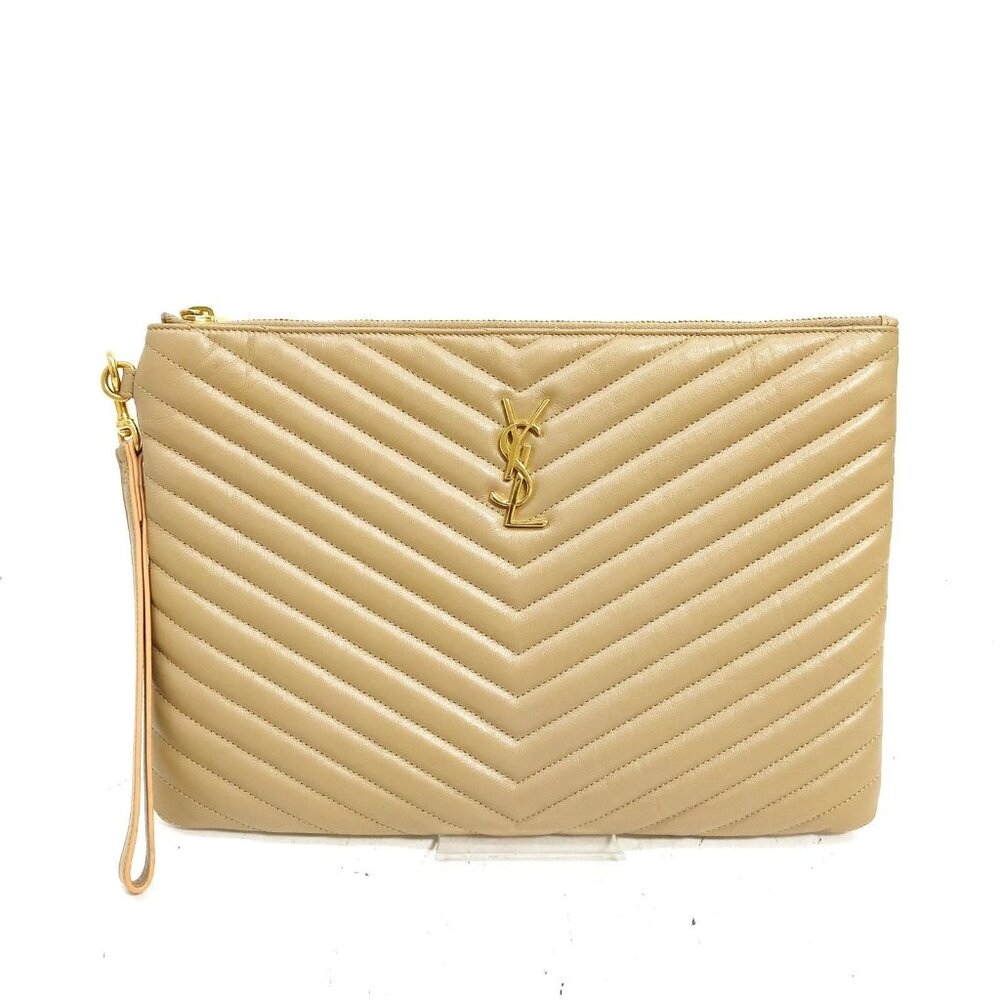 Authentic Saint Laurent Clutch Bag 559193 Beige Leather mn519-020625